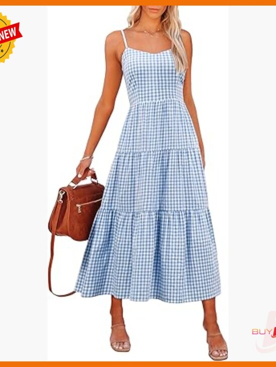Dresses & Skirts - Sleeveless Striped Plaid Midi Maxi Dress, 100% Rayon, Adjustable Straps, Pockets